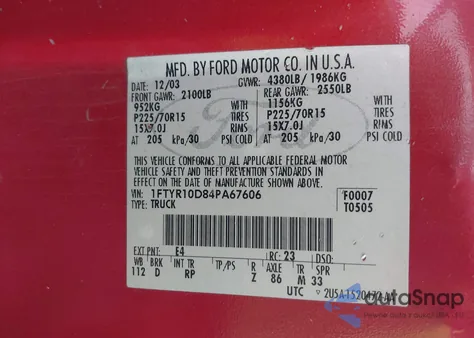 2004 Ford Ranger Unique Fleet из США, поврежденный, VIN 1FTYR10E74PA67606